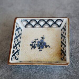 Vintage Japanese Square Blue and White Floral and Bamboo Dish